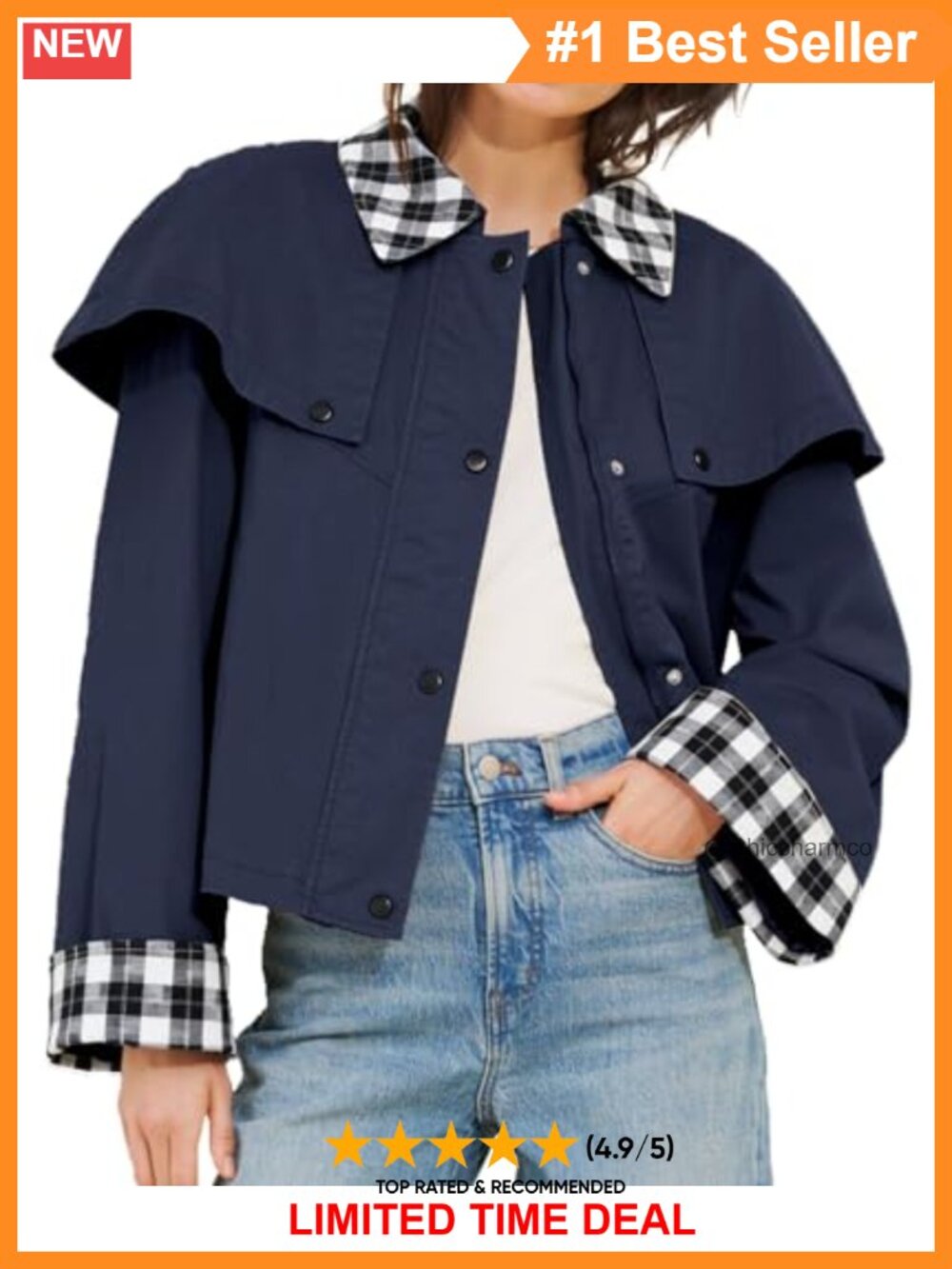 Womens Cropped Trench Coat Lightweight Gingham Cape Jacket